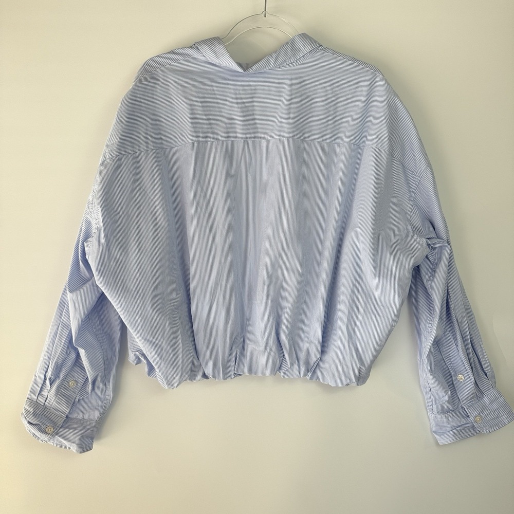 R13 Gathered Hem Shirt Light Blue Pinstripe Cropped Button Front Top $450 Retail - Picture 6 of 13